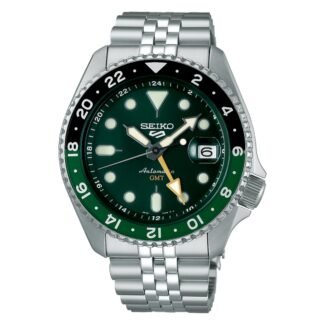 Seiko 5 Sports SSK035K1 green sunray dial front view Seiko 5 Sports SSK035K1 dual-tone bezel and stainless steel bracelet Seiko 5 Sports SSK035K1 see-through caseback showing automatic movement