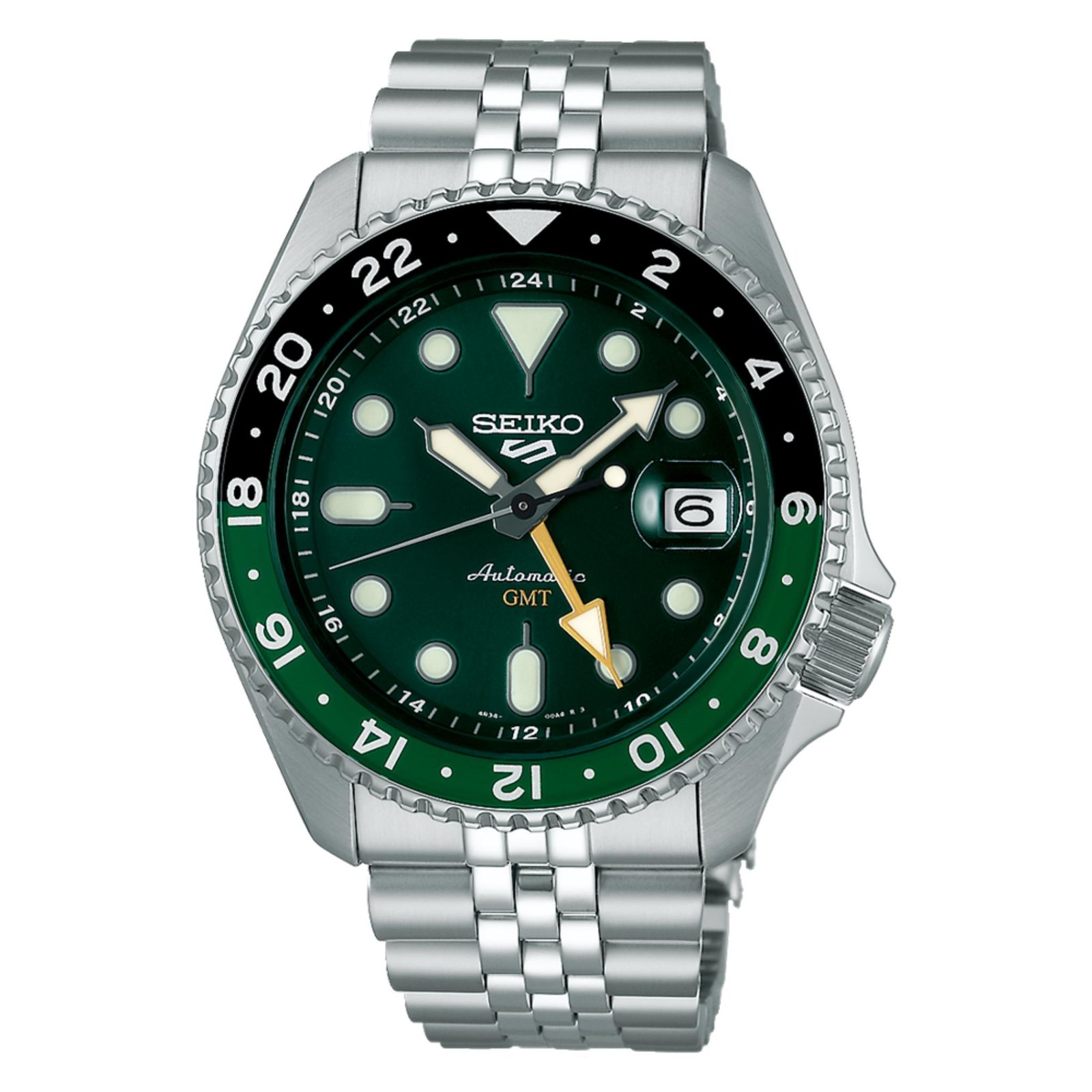 Seiko 5 Sports SSK035K1 green sunray dial front view Seiko 5 Sports SSK035K1 dual-tone bezel and stainless steel bracelet Seiko 5 Sports SSK035K1 see-through caseback showing automatic movement