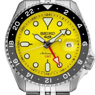 Seiko 5 Sports SSK017K1 vivid yellow dial front view Seiko 5 Sports SSK017K1 bi-colour GMT bezel and stainless steel bracelet Seiko 5 Sports SSK017K1 see-through caseback showing automatic movement