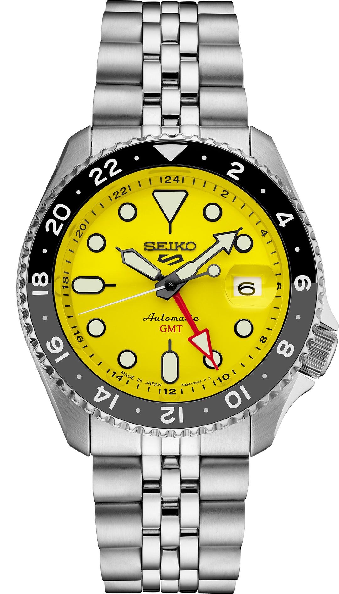 Seiko 5 Sports SSK017K1 vivid yellow dial front view Seiko 5 Sports SSK017K1 bi-colour GMT bezel and stainless steel bracelet Seiko 5 Sports SSK017K1 see-through caseback showing automatic movement