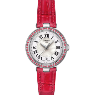 Tissot Bellissima T126.010.66.113.00 mother-of-pearl dial with topaz bezel Tissot Bellissima T126.010.66.113.00 pink leather strap and case profile Tissot Bellissima T126.010.66.113.00 date window and clasp detail