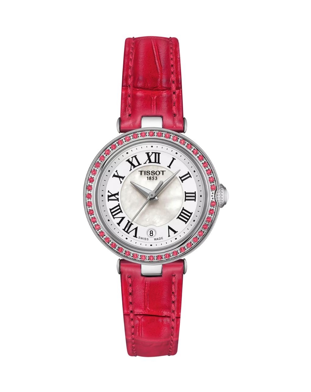 Tissot Bellissima T126.010.66.113.00 mother-of-pearl dial with topaz bezel Tissot Bellissima T126.010.66.113.00 pink leather strap and case profile Tissot Bellissima T126.010.66.113.00 date window and clasp detail
