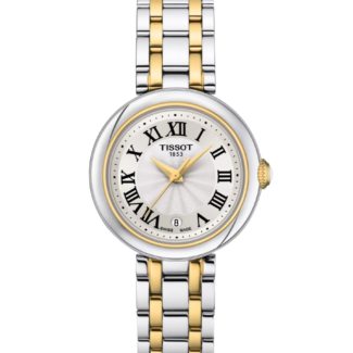 Tissot Bellissima T126.010.22.013.00 white guilloche dial front view Tissot Bellissima T126.010.22.013.00 two-tone bracelet and case profile Tissot Bellissima T126.010.22.013.00 ceramic cabochon crown detail