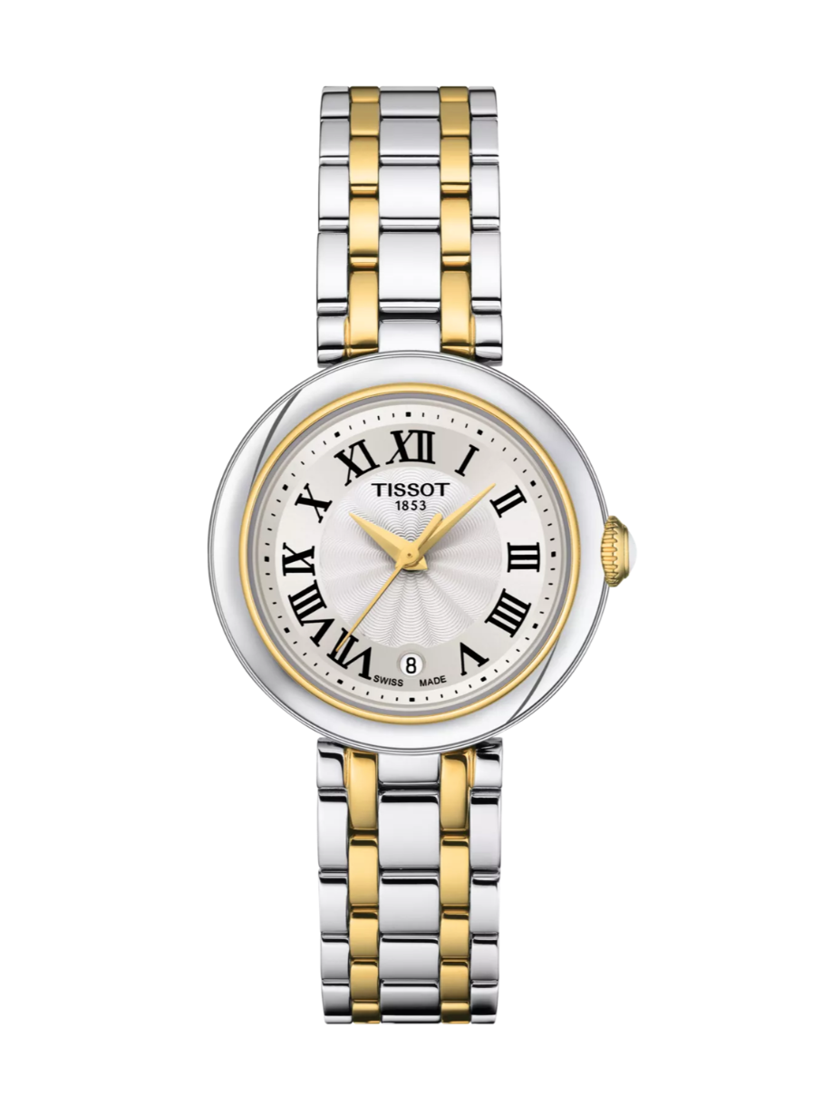 Tissot Bellissima T126.010.22.013.00 white guilloche dial front view Tissot Bellissima T126.010.22.013.00 two-tone bracelet and case profile Tissot Bellissima T126.010.22.013.00 ceramic cabochon crown detail