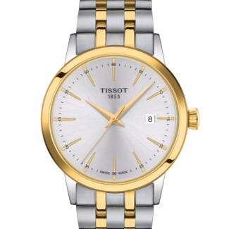 Tissot Classic Dream T129.410.22.031.00 silver dial front view Tissot Classic Dream T129.410.22.031.00 two-tone bracelet and case profile Tissot Classic Dream T129.410.22.031.00 clasp and crown detail