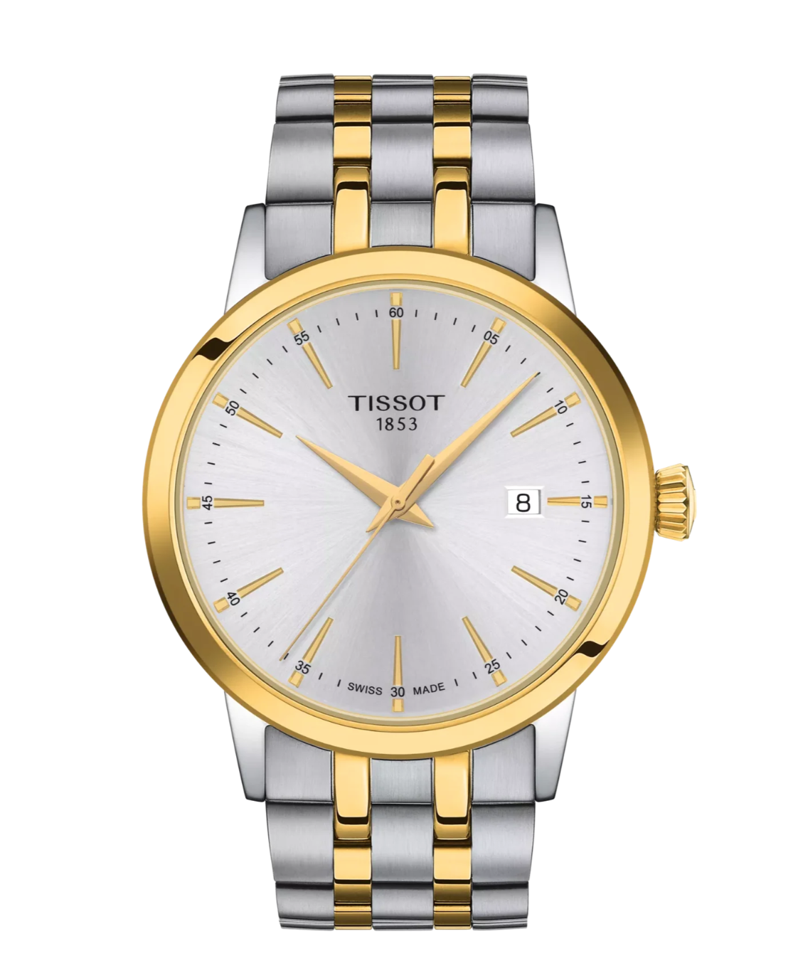Tissot Classic Dream T129.410.22.031.00 silver dial front view Tissot Classic Dream T129.410.22.031.00 two-tone bracelet and case profile Tissot Classic Dream T129.410.22.031.00 clasp and crown detail