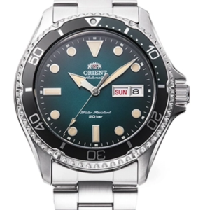Orient Mako RN-AA0811E blue-green gradient dial front view Orient Mako RN-AA0811E stainless steel case and bracelet profile Orient Mako RN-AA0811E unidirectional bezel and crown detail