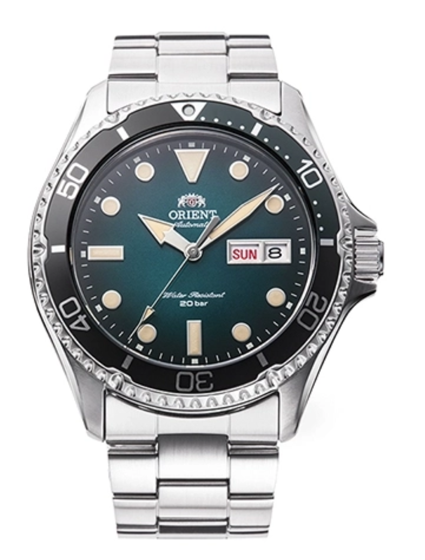Orient Mako RN-AA0811E blue-green gradient dial front view Orient Mako RN-AA0811E stainless steel case and bracelet profile Orient Mako RN-AA0811E unidirectional bezel and crown detail