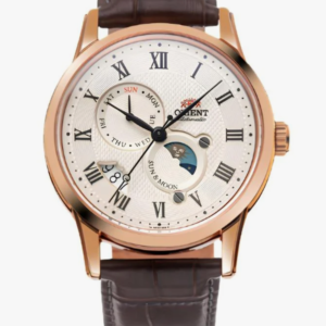 Orient Sun & Moon RN-AK0001S antique silver dial front view Orient Sun & Moon RN-AK0001S rose gold-toned case and leather strap Orient Sun & Moon RN-AK0001S exhibition caseback showing automatic movement