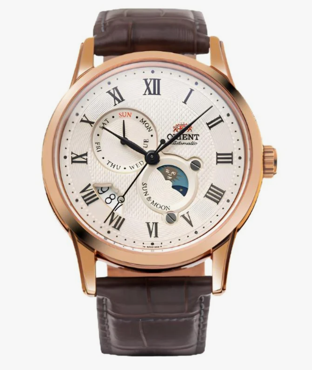 Orient Sun & Moon RN-AK0001S antique silver dial front view Orient Sun & Moon RN-AK0001S rose gold-toned case and leather strap Orient Sun & Moon RN-AK0001S exhibition caseback showing automatic movement
