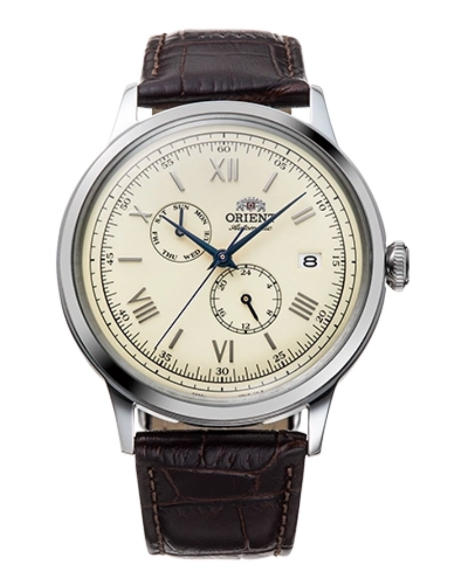 Orient Bambino RN-AK0702Y ivory dial with sub-dials front view