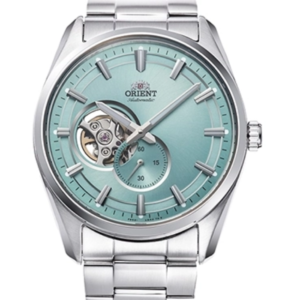 Orient RN-AR0009L blue semi-skeleton dial front view Orient RN-AR0009L stainless steel case and bracelet profile Orient RN-AR0009L exhibition caseback showing automatic movement