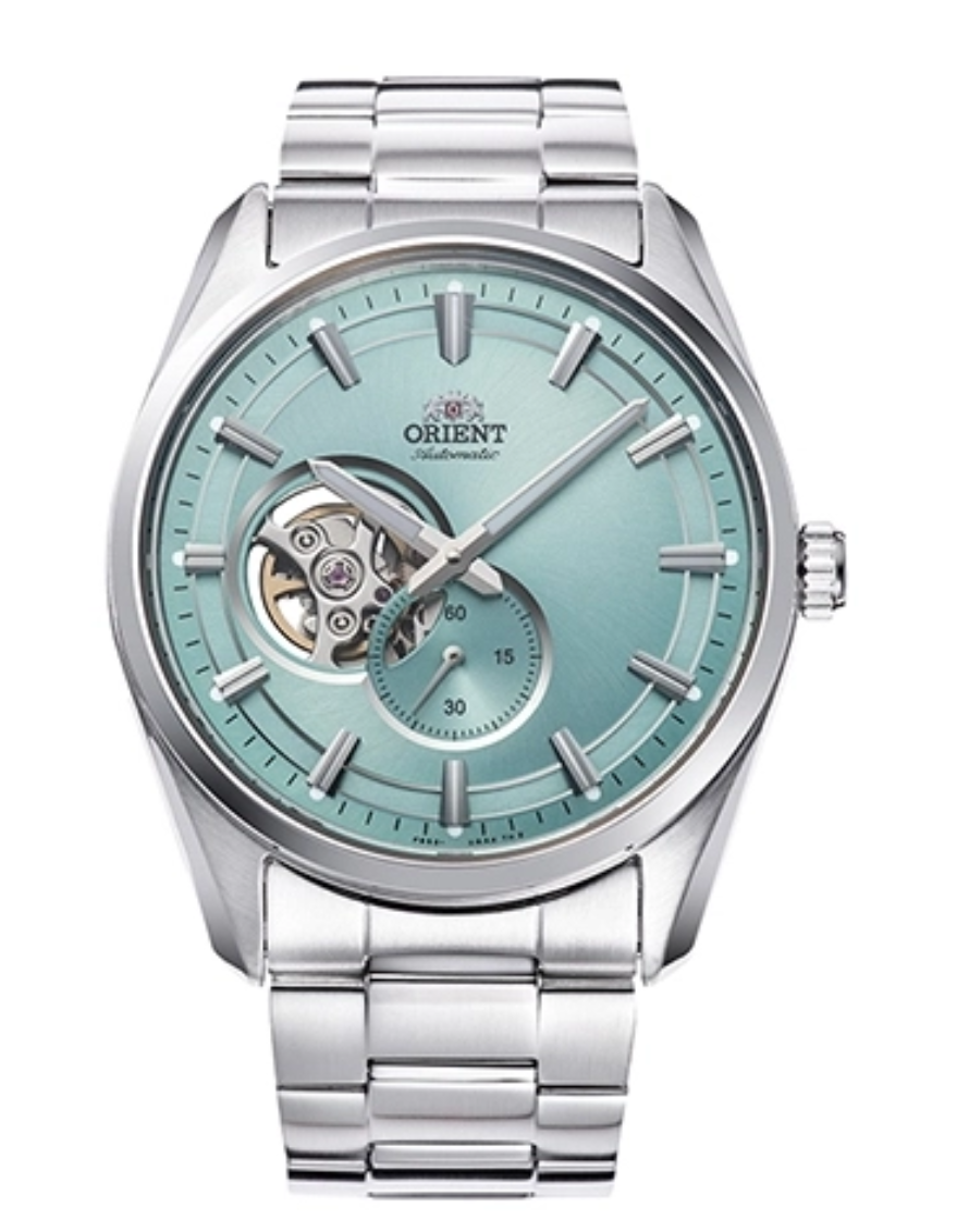 Orient RN-AR0009L blue semi-skeleton dial front view Orient RN-AR0009L stainless steel case and bracelet profile Orient RN-AR0009L exhibition caseback showing automatic movement