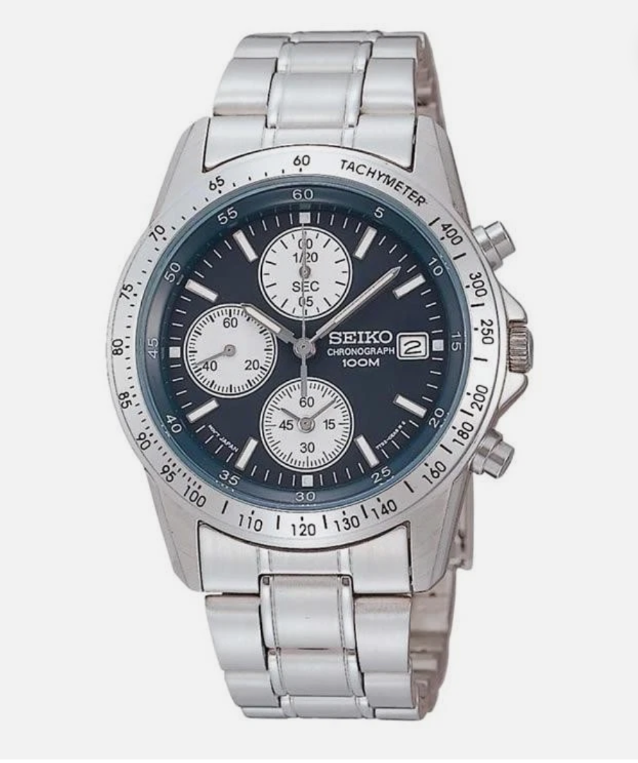 Seiko SND365PC navy dial chronograph watch front view