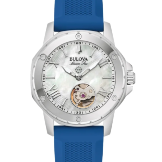 Bulova Marine Star 96L324 automatic watch with white mother-of-pearl dial and blue silicone strap