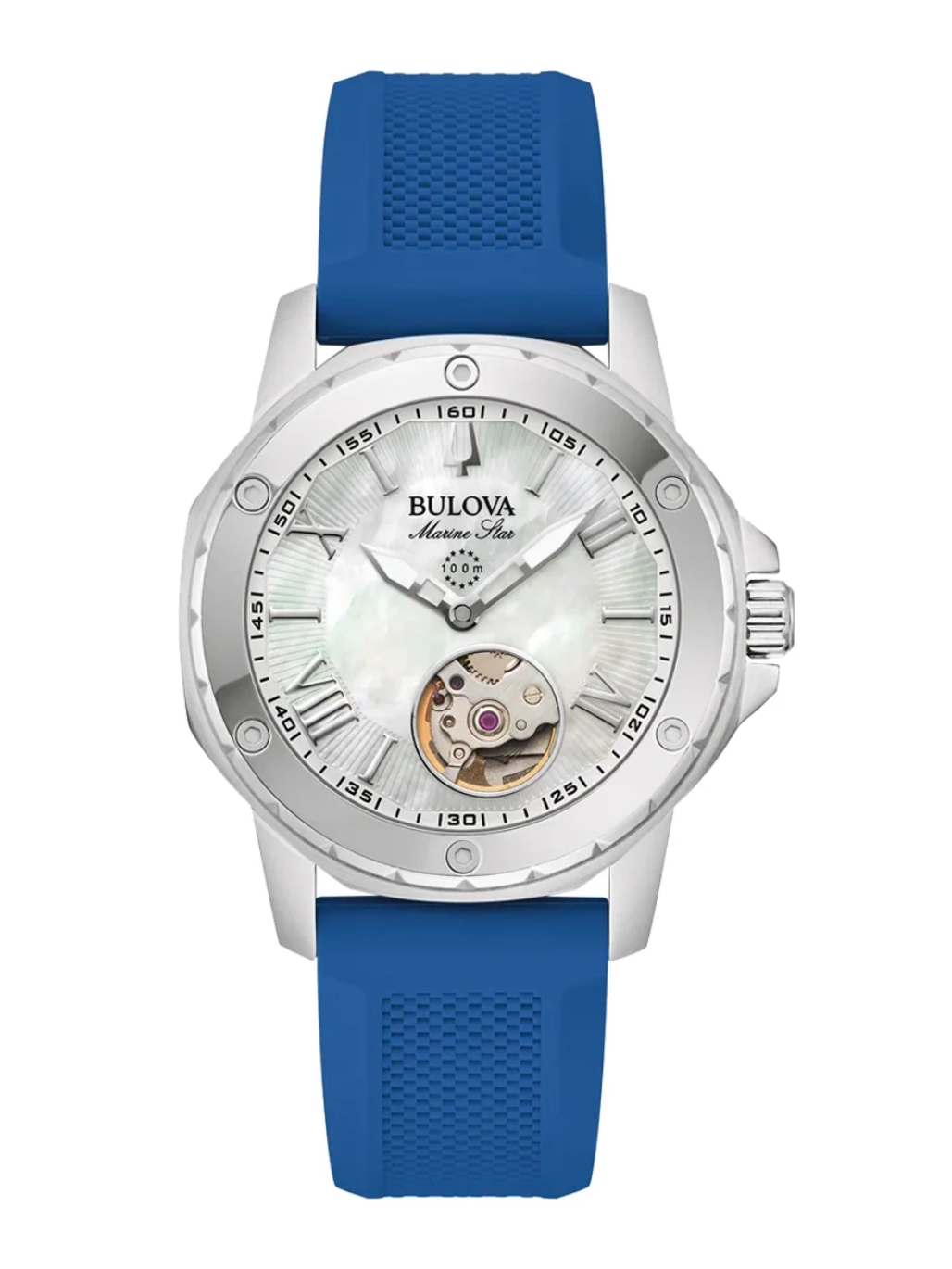 Bulova Marine Star 96L324 automatic watch with white mother-of-pearl dial and blue silicone strap