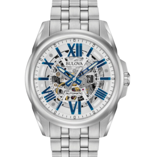 Bulova Sutton 96A187 automatic watch with silver skeleton dial and blue indices