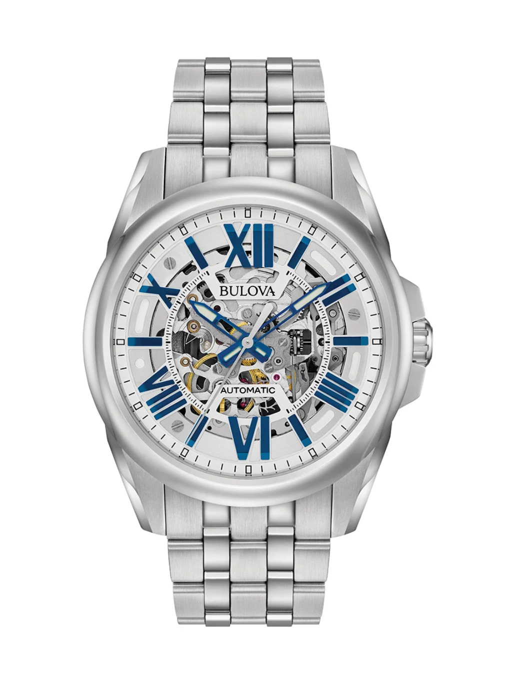 Bulova Sutton 96A187 automatic watch with silver skeleton dial and blue indices