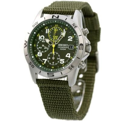 Seiko SND377R khaki green military dial front view Seiko SND377R stainless steel case and nylon strap profile Seiko SND377R chronograph sub-dials detail