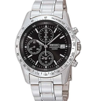 Seiko Chronograph SND367P1 front view with black dial, three subdials and steel tachymeter bezel