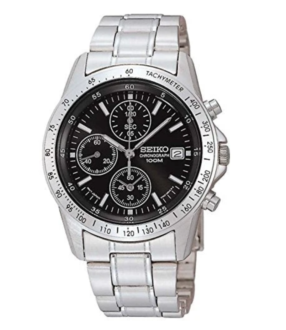 Seiko Chronograph SND367P1 front view with black dial, three subdials and steel tachymeter bezel